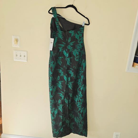 New Aidan Mattox Metallic Jacquard One-Shoulder Gown Emerald Green Women Size 10 - Picture 5 of 12